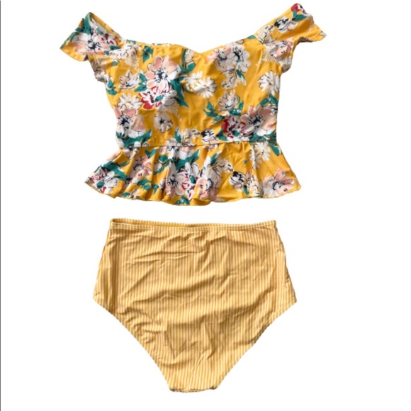 Yellow Falbala Bikini Set High Waisted Tankini Swimsuit L - Picture 2 of 6